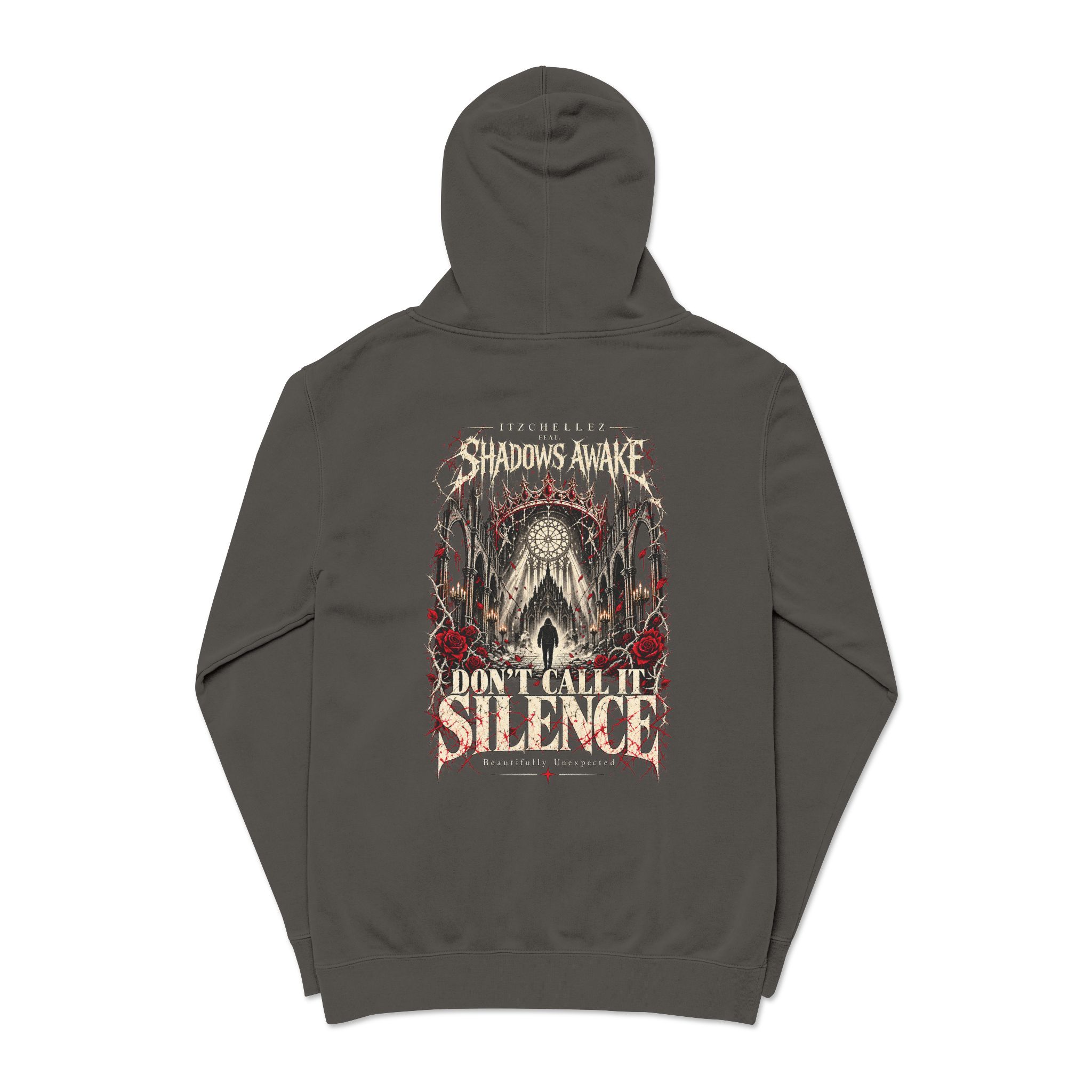 Back of the hoodie with cathedral, crown, roses and Don't Call It Silence design